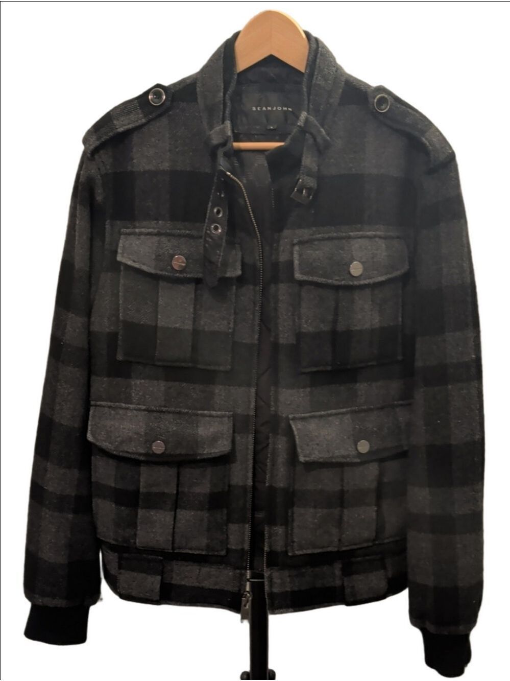 Sean John Y2K Black Plaid Wool Blend Utility Field Jacket Size L